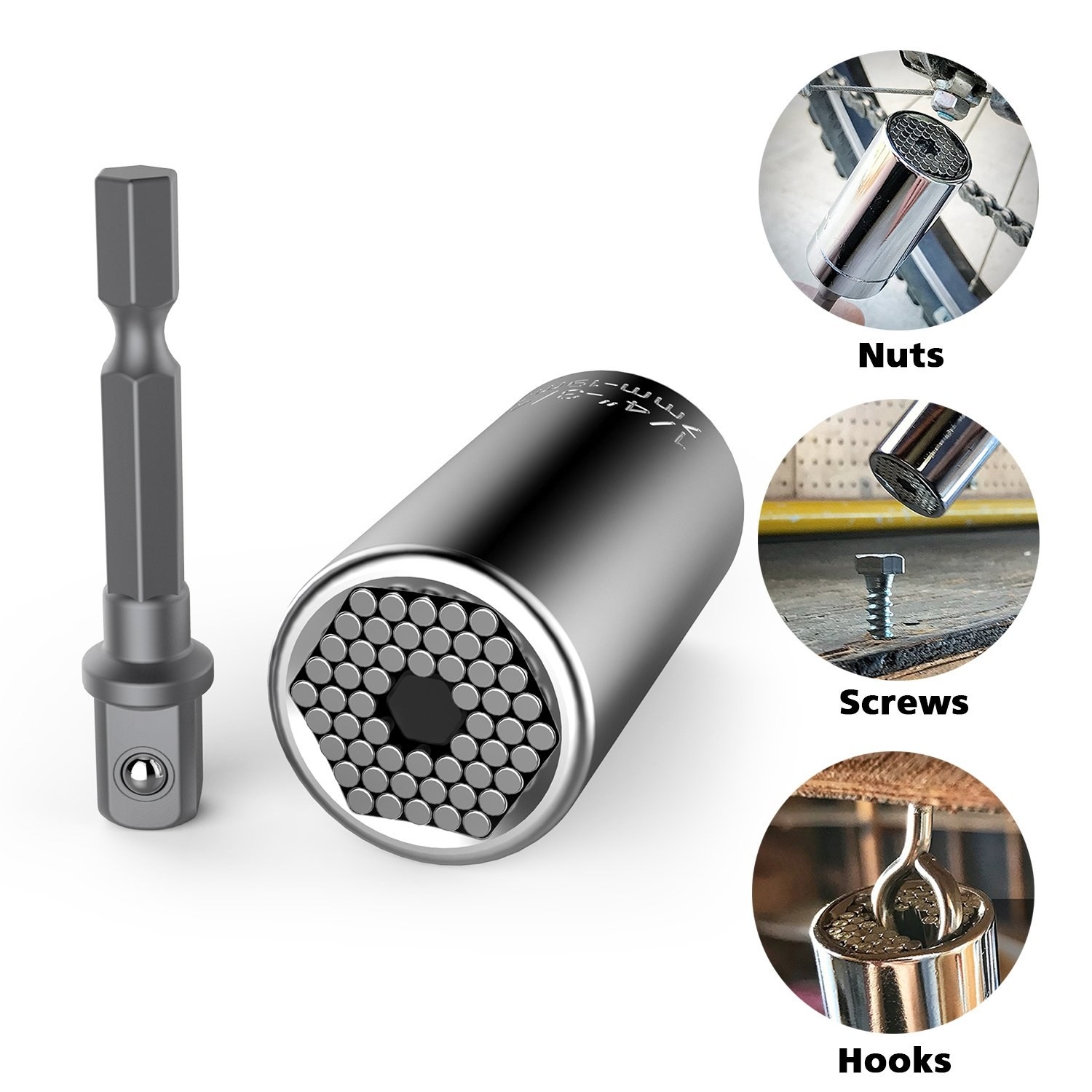 closeup of socket and three images showing it being used on nuts, screws, and hooks