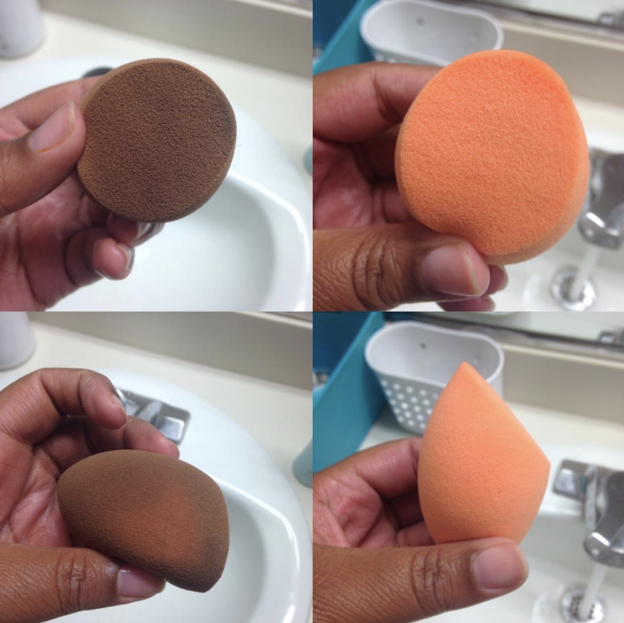The visibly dark and dirty makeup sponge before using the shampoo and the same sponge visibly cleaner and its original color