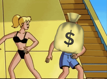 betty from archie comics wearing bikini and dancing with a huge sack of money 