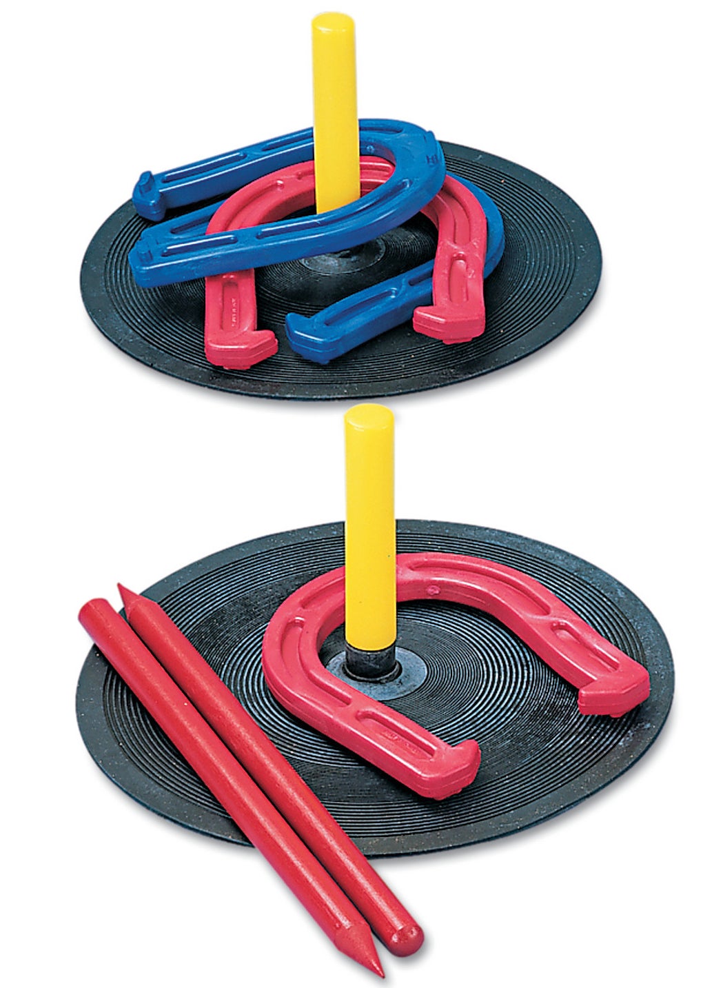 red and blue rubber horseshoes set