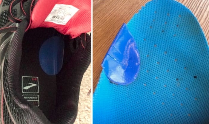 Reviewer images showing the patches inside a shoe and right on the shoe insert where blisters commonly occur