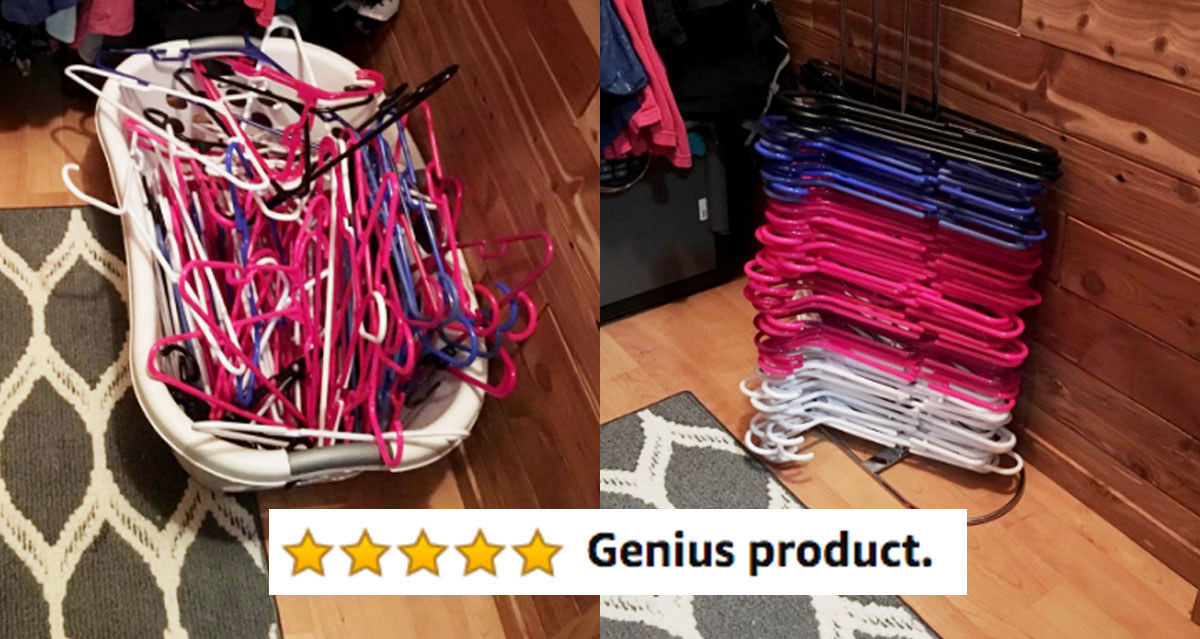 A before and after showing how well the hanger stacker works to organize neatly with the caption &quot;genius product&quot;