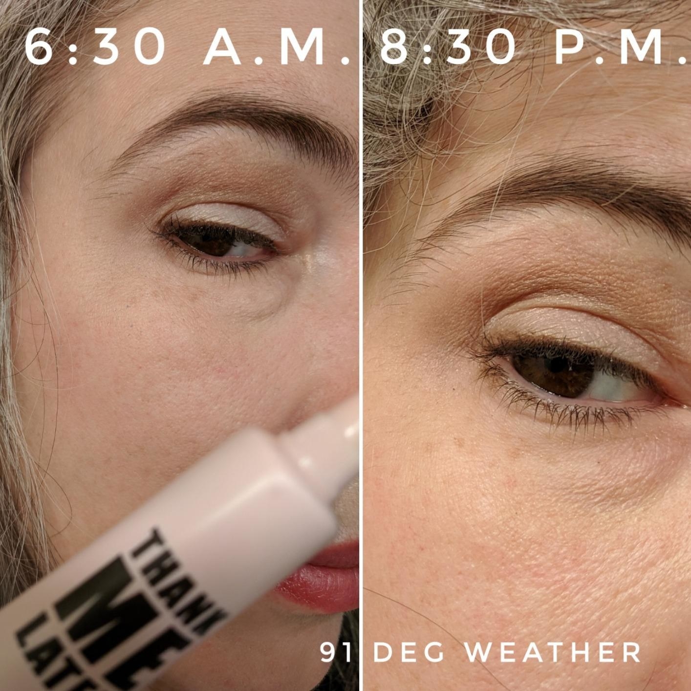 Reviewer before-and-after photos showing eye makeup remaining in tact from 6:30 a.m. to 8:30 p.m.