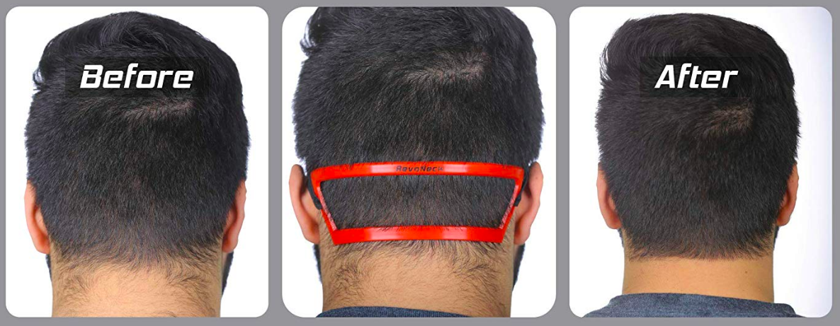 A set of three photos showing a messy hairline, the guide attached to the back of the neck, and the straight line after shaving the neck with the guide 