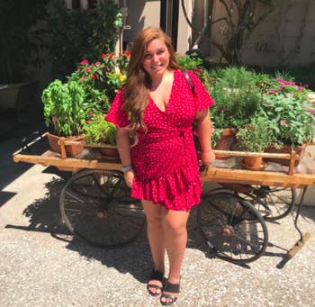A customer review photo of the V-neck dress in red