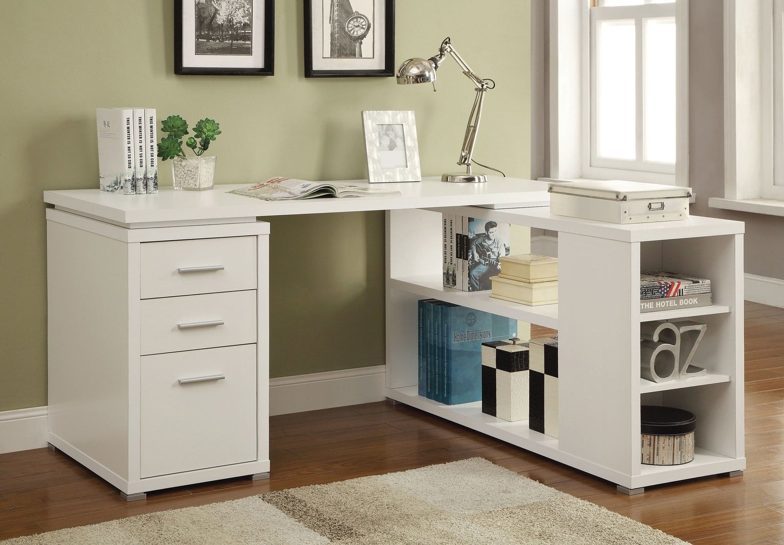 desk with three drawers and a whole shelf on the other side 
