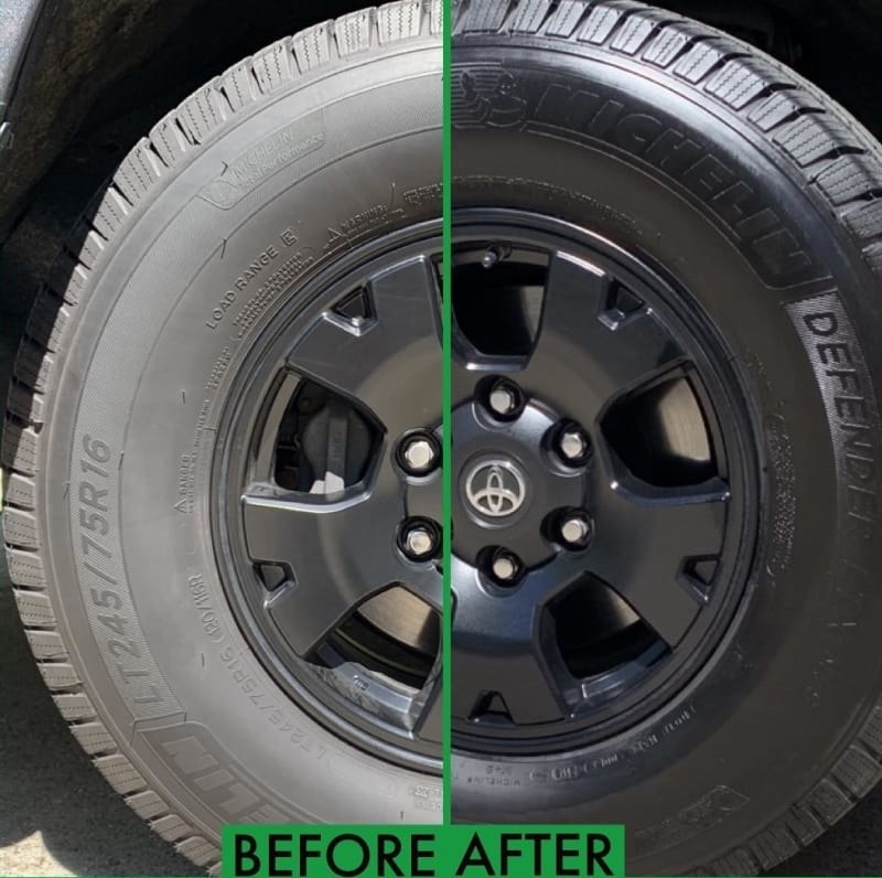 On the left, a tire looking dirty, and on the right, the same tire looking shiny and clean