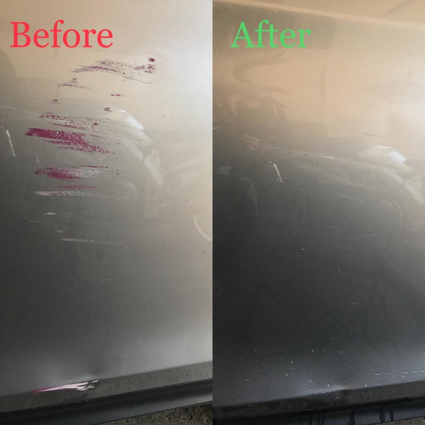 A scratched-up car door before (with remnants of another car's paint) and the same door after with only a few minor scratches left