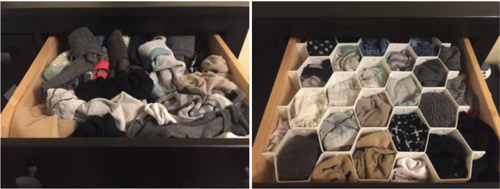 Left: A reviewer&#x27;s drawer with jumbled socks; right: The same drawer, with the socks neatly organized in the dividers