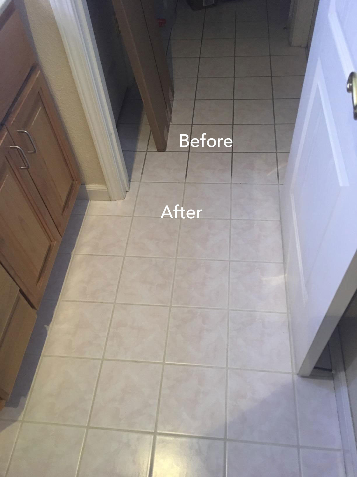 A review photo before and after of a tile floor, with dark dirty grout before, and clean grout after