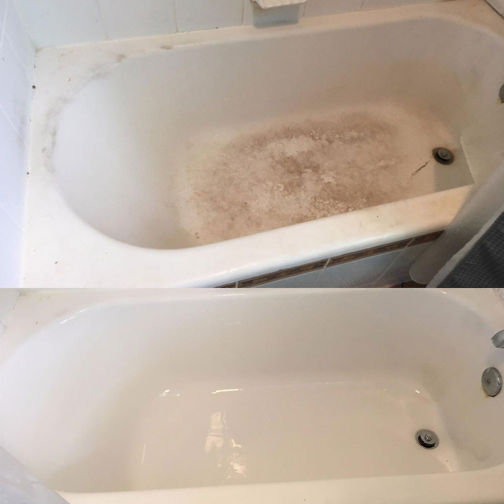 Top: A review photo of a dirty, stained; tub bottom: The after of the same tub, which is sparkling white