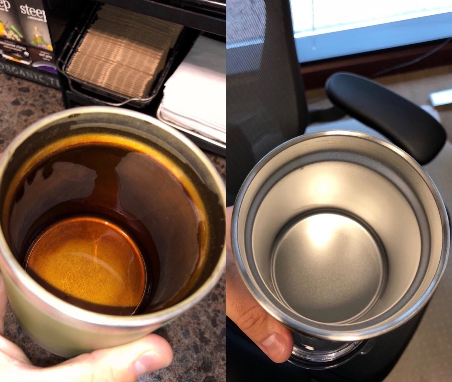 A stainless steel tumbler with baked-on coffee stains on the left, and the same cup totally clean on the right