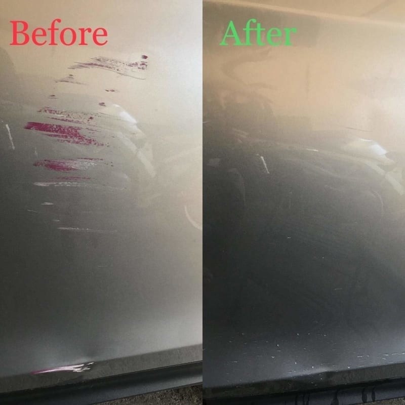 On the left, a car with scratches on it, and on the right, the same car but the scratch is gone