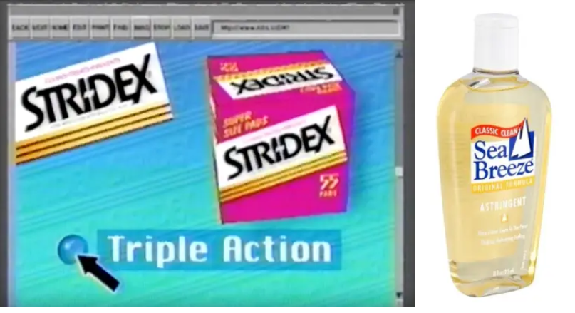 A screengrab of a Stridex box on an animated a computer screen and a photo of a bottle of Sea Breeze. 