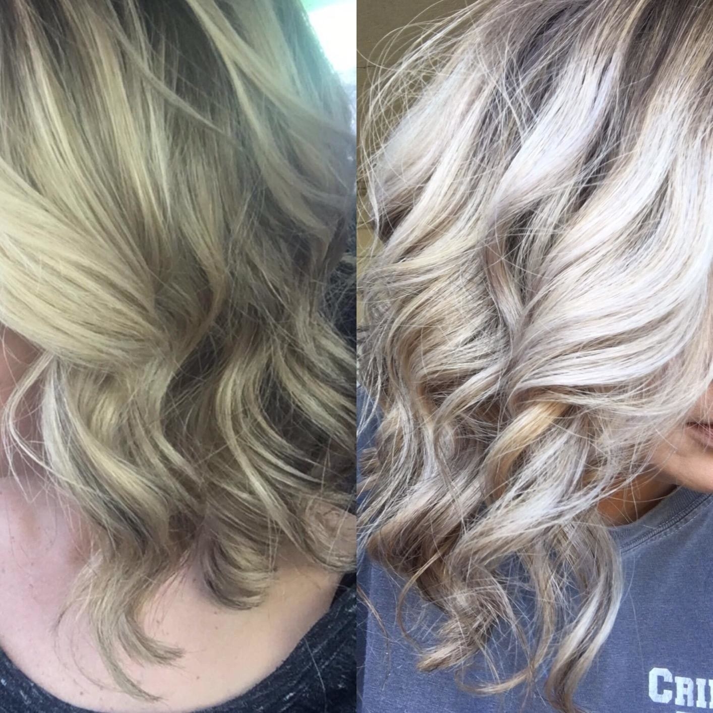 A reviewer&#x27;s brassy hair before, and brighter platinum-tone hair after