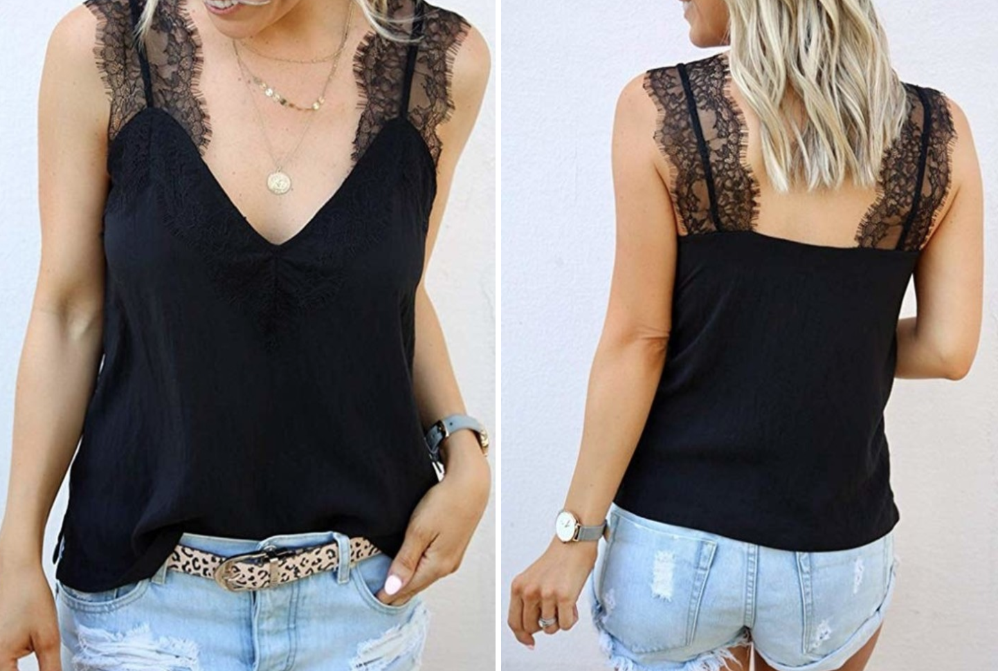 Black v-neck tank with lacy detail straps