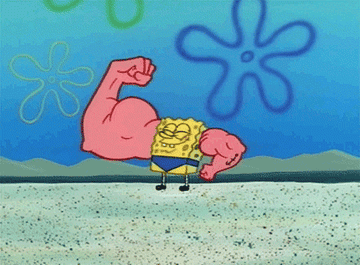 spongebob with huge muscles that spell out thank you as he flexes 