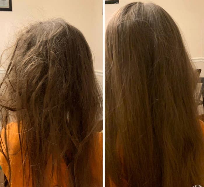 A reviewer with tangled hair before, and smooth, tangle-free hair after