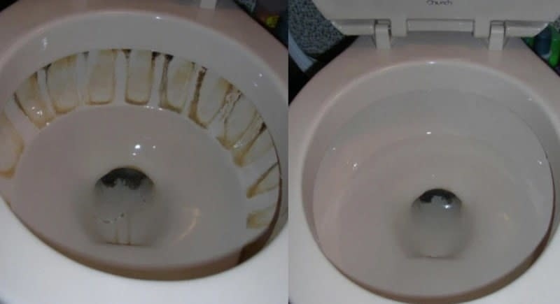 On the left, a toilet with a dirty scratch stains surrounding the inside of the bowl, and on the right, the same toilet now completely clean