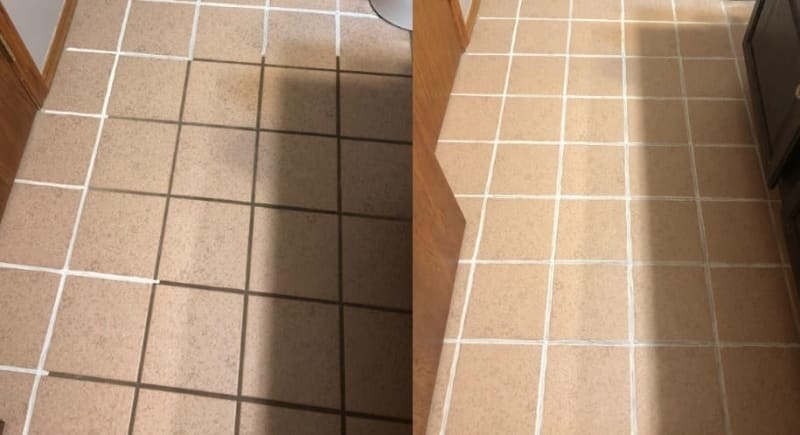 On the left, a tile floor looking dark and dirty from grout, and on the right, the same tile floor now clean and grout-free after using the pen
