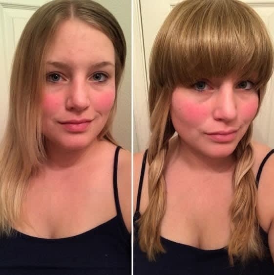 A reviewer showing what the bangs look like and how realistic they look with a before-and-after photo