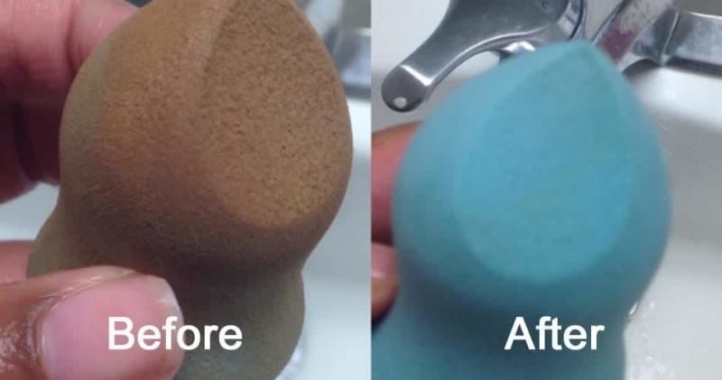 On the left, a blending sponge looking orange and dirty, and on the right, the same blending sponge is blue again, the color it originally was