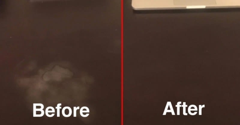 On the left, a watermark stain on a dark surface, and on the right, the same surface now clear of the stain 