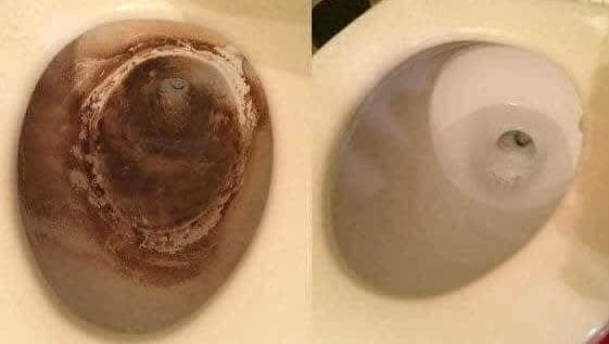 On the left, a toilet looking dirty and brown, and on the right, the same toilet now completely clean