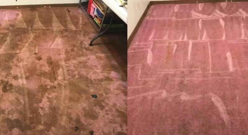 On the left, a pink carpet looking brown and dirty, and on the right, the same carpet now cleaner and entirely pink