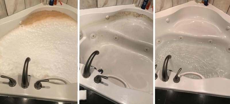 A photo set showing a dirty jetted tub looking clean after using the cleaner