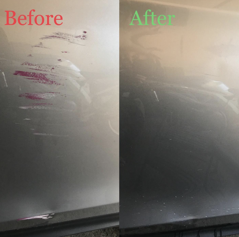 a reviewer&#x27;s before photo of their car with scratches and paint in it next to the repaired car