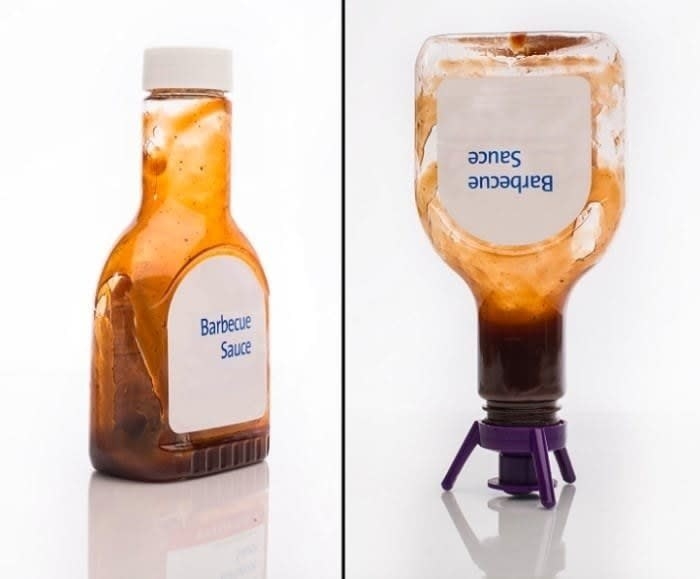 On the left: a barbecue sauce bottle with only a small bit left at the bottom On the right: The same bottle but with a flip top on it, now standing upsidedown, with all the barbecue sauce ready to come out