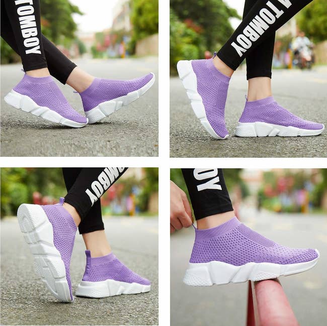 model wears sneakers in purple 