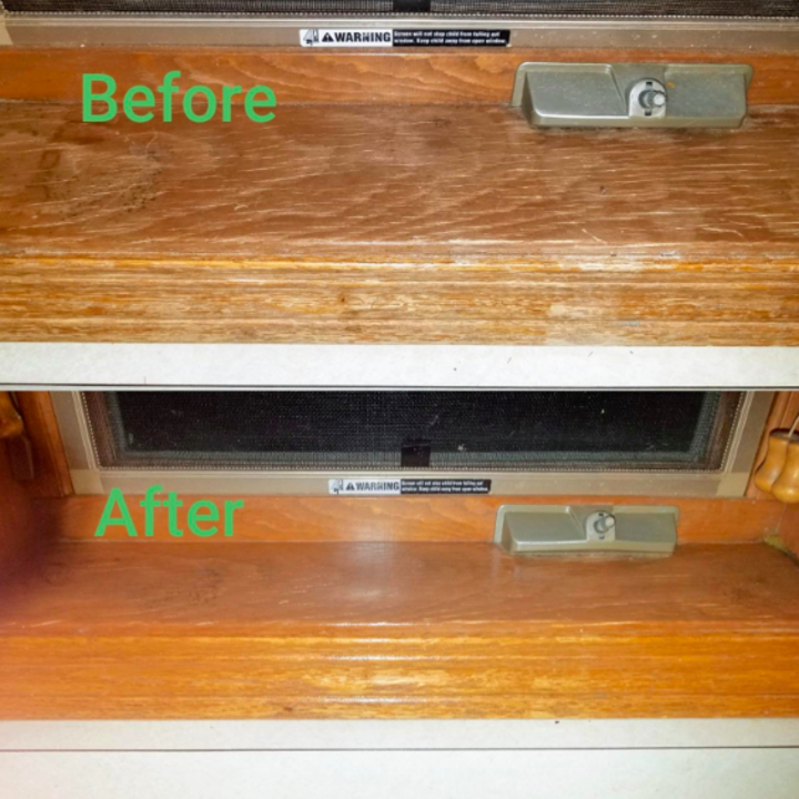 Above, the window sill before the polish, with dull splotches. Below, the polished and smooth-looking window sill