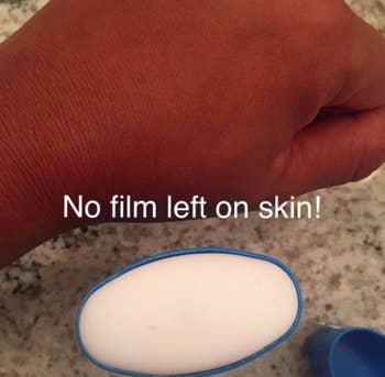 Reviewer's photo showing no film left on the hand after using the anti-chafing balm