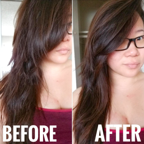 On the left, a reviewer&#x27;s hair looking piecey with flyaways and the text &quot;Before.&quot; On the right, the reviewer&#x27;s long layered &#x27;do much smoother and sleeker, with the text &quot;After&quot;