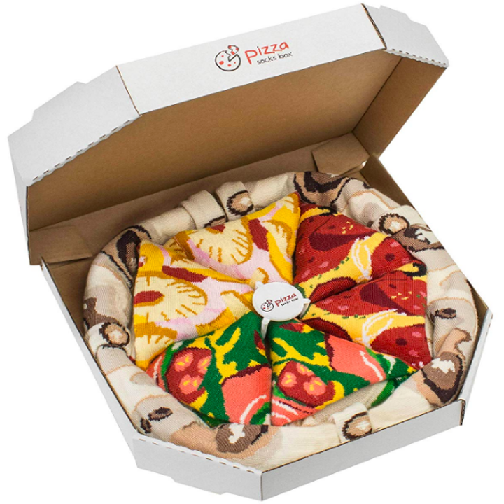 A classic pizza box filled with socks that look like crust, veggie slices, pepperoni slices, and pineapple slices