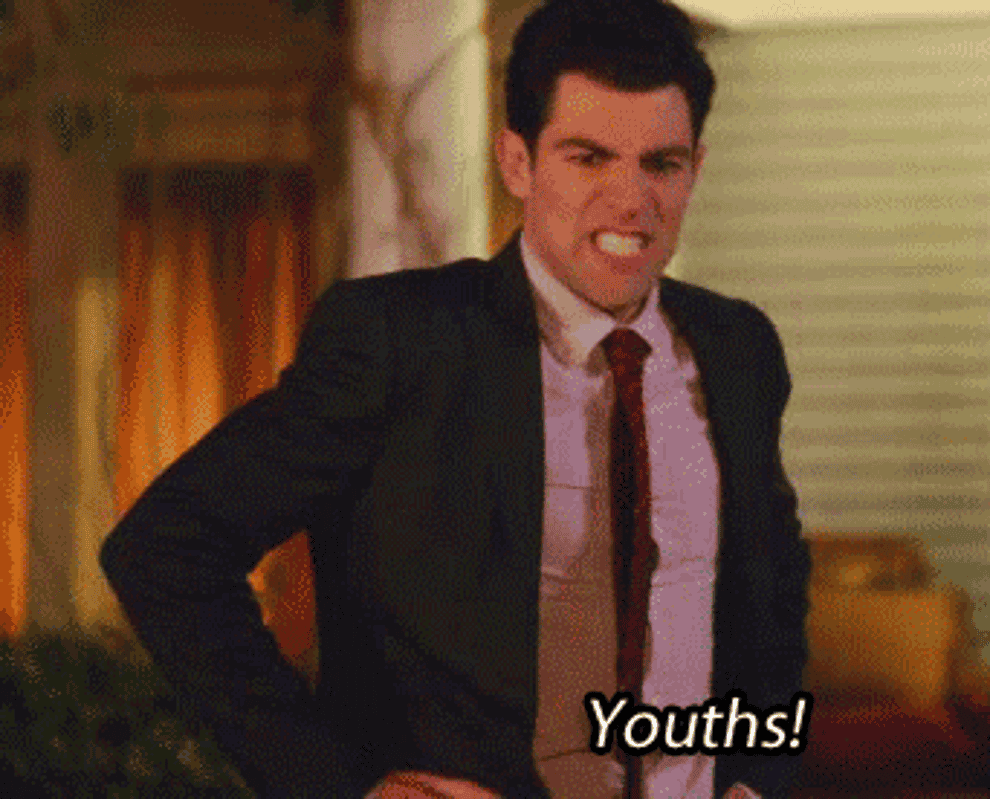 Schmidt from New Girl frustratedly exclaiming &quot;Youths!&quot;