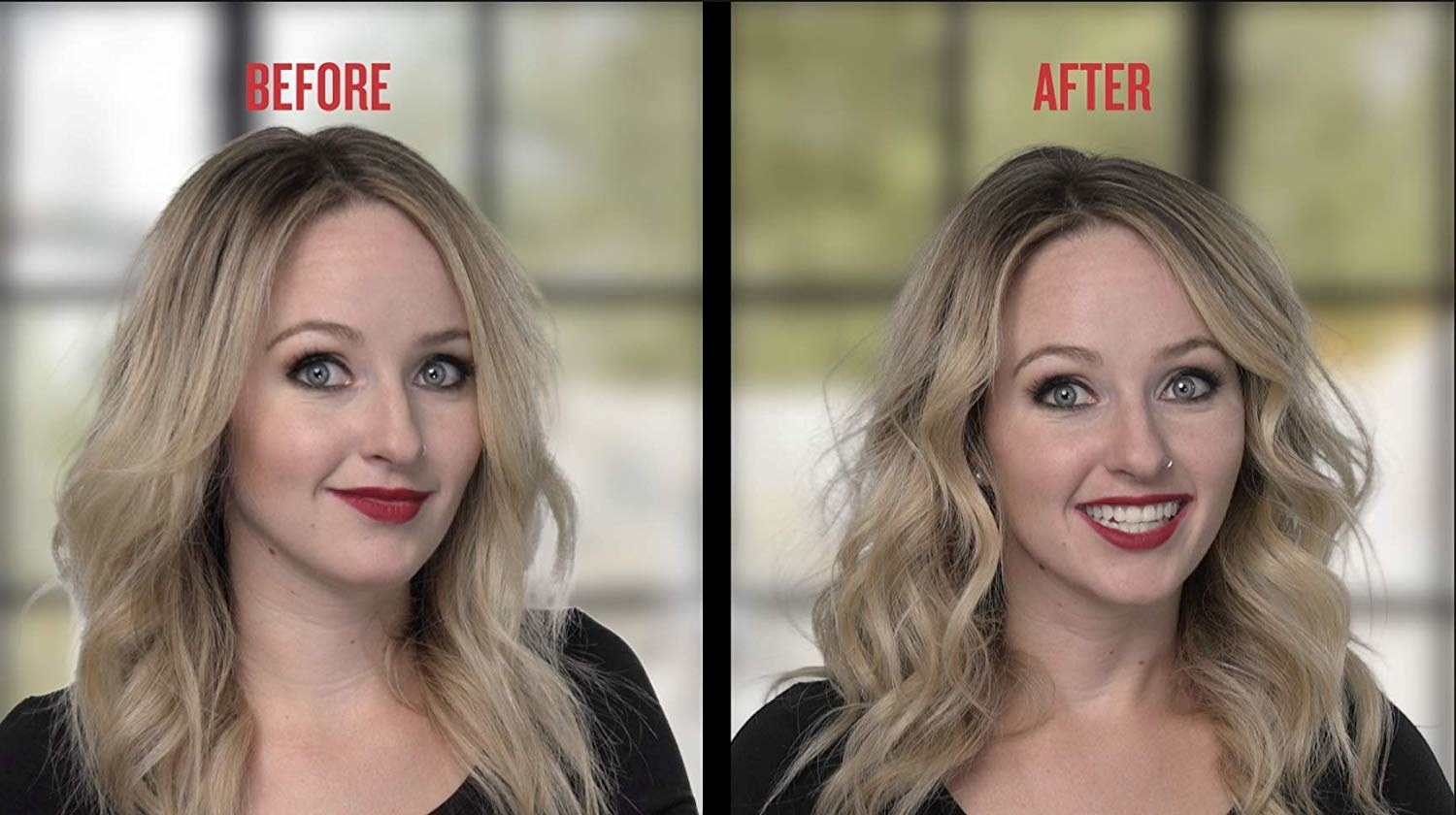 A model before/after with wavy-straight hair before and wavy-curly, voluminous hair after