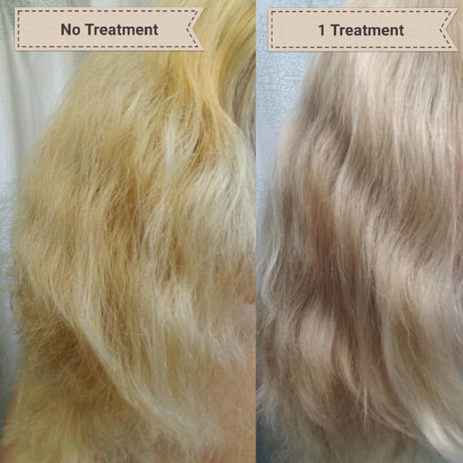Two photos of a reviewer's hair: yellow-tone, frizzy hair with text 