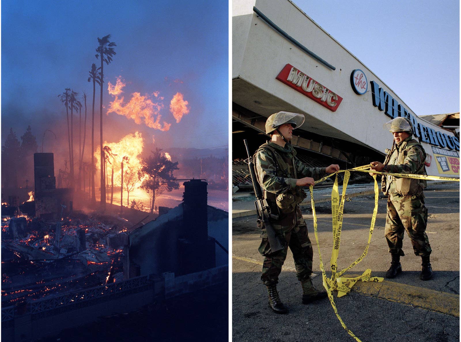 Getty Images, AP Photo Left: A gas main on fire throws flames into the air after it broke and exploded, destroying nearby homes, on Jan. 17. There were a total of 466 fires reported on Jan. 17. Right: Members of the National Guard rope off a record store damaged in the earthquake, on Jan. 18.