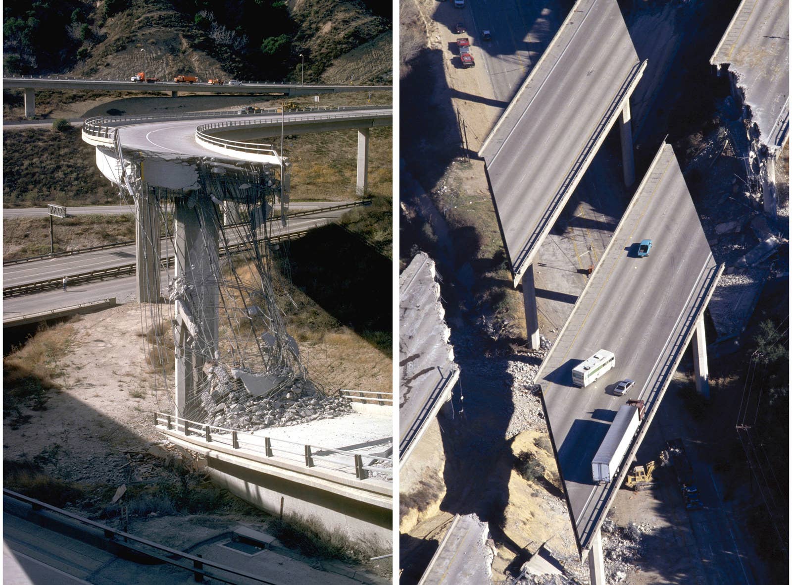 Getty Images Left: Vehicles are stranded on Interstate 5 on Jan. 17. Right: A collapsed section of a freeway.