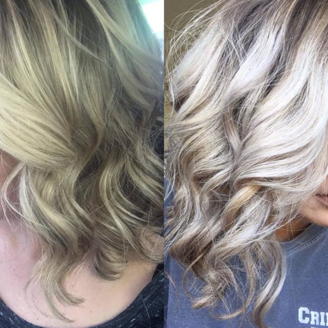 A reviewer's brassy hair before, and brighter platinum-tone hair after