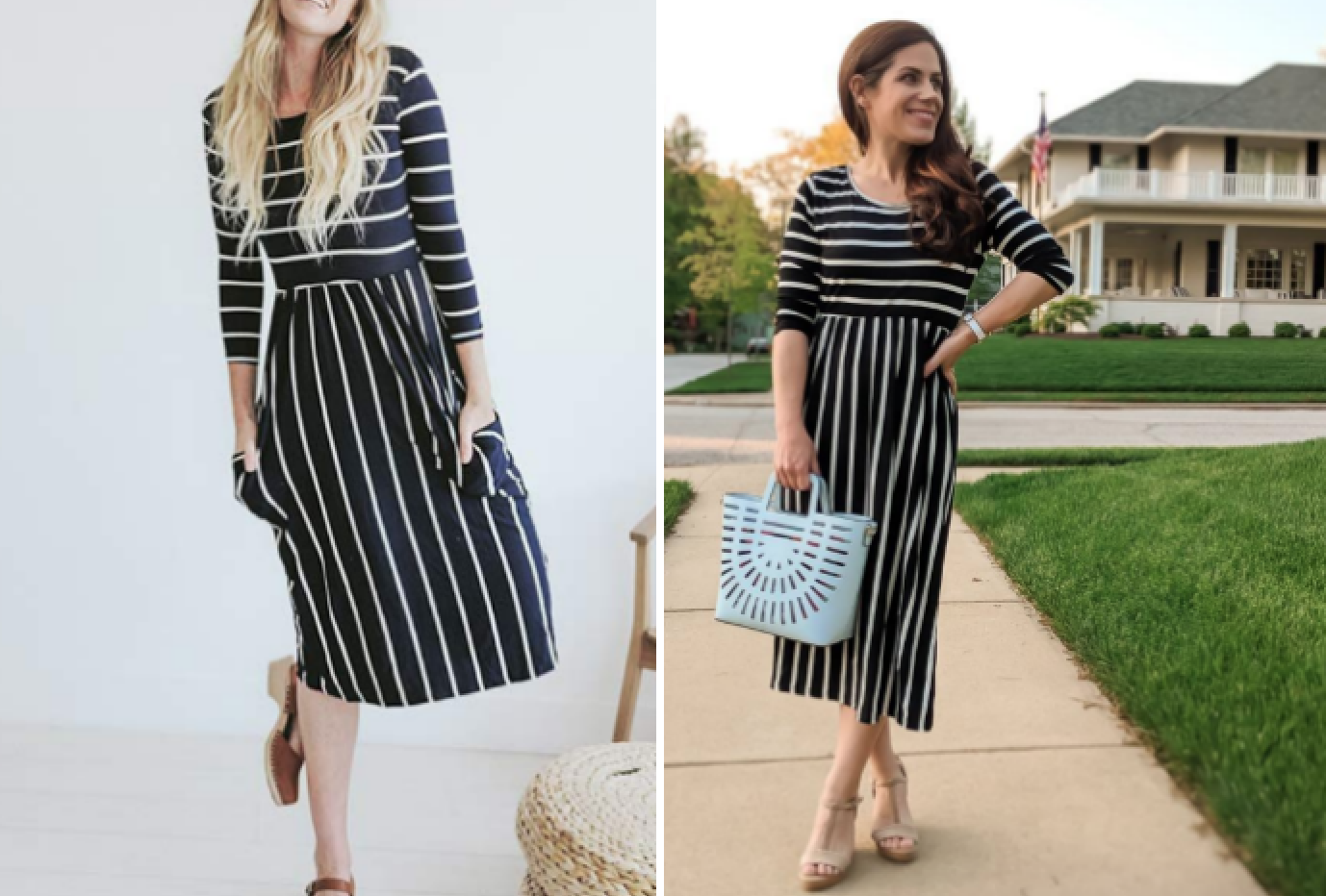 Reviewer wearing dress in black/white stripe print