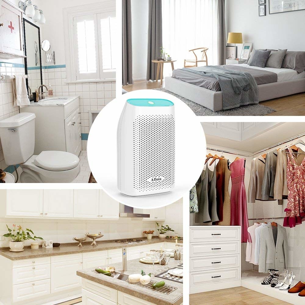 The dehumidifier in a white circle in the center with pictures of a bathroom, bedroom, closet, and kitchen around it