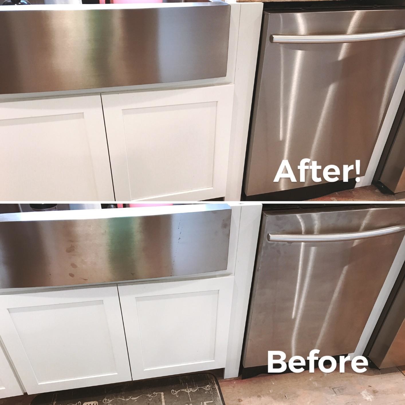 Reviewer's before/after of their kitchen stainless steel (fingerprinted before, shiny after)
