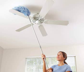 Person dusting top of ceiling fan with extendable pole and microfiber attachment 