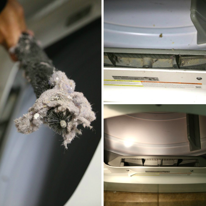 Coil brush covered in lint with a before and after of the inside of a dryer with lint built up and then removed 
