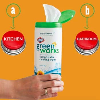 Wipes in packaging with graphics saying it can be used in the kitchen and bathroom 