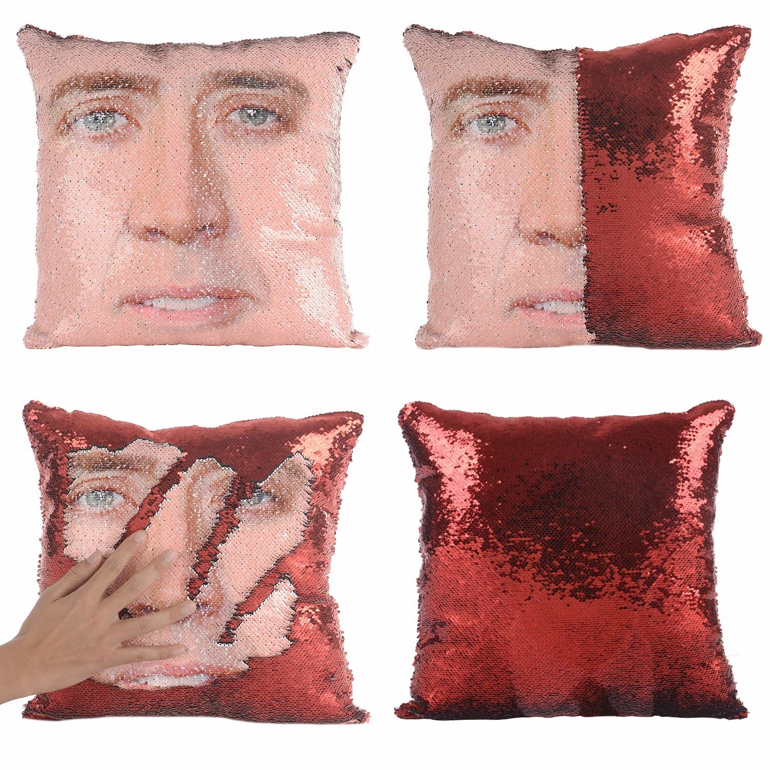 The throw pillow cover, featuring all-over sequins that are a solid color on one side which can be brushed to reveal a Nic Cage face
